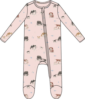 Cow Families 2 Way Zipper Ruffle Back Footie