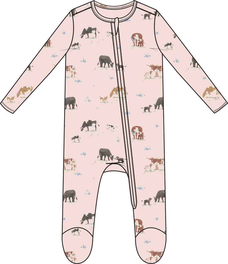 Cow Families 2 Way Zipper Ruffle Back Footie