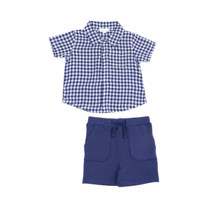 Navy Gingham Button Down Muslin Polo With French Terry Short