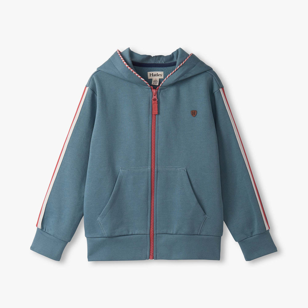Blue hoodie with red accents on a white background