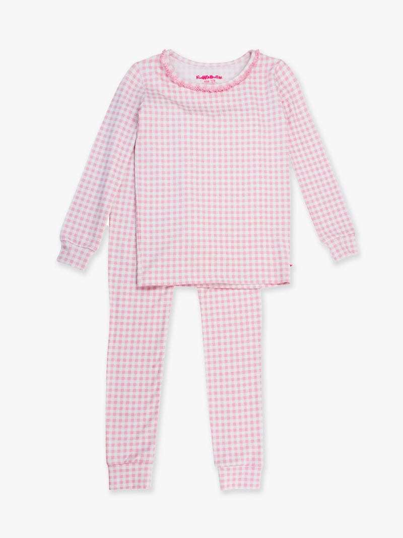 Pink gingham pajama set on a white background