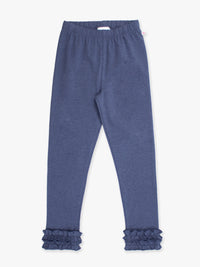 Blue children's leggings with ruffled cuffs on a white background