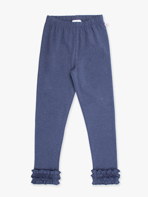 Blue children's leggings with ruffled cuffs on a white background