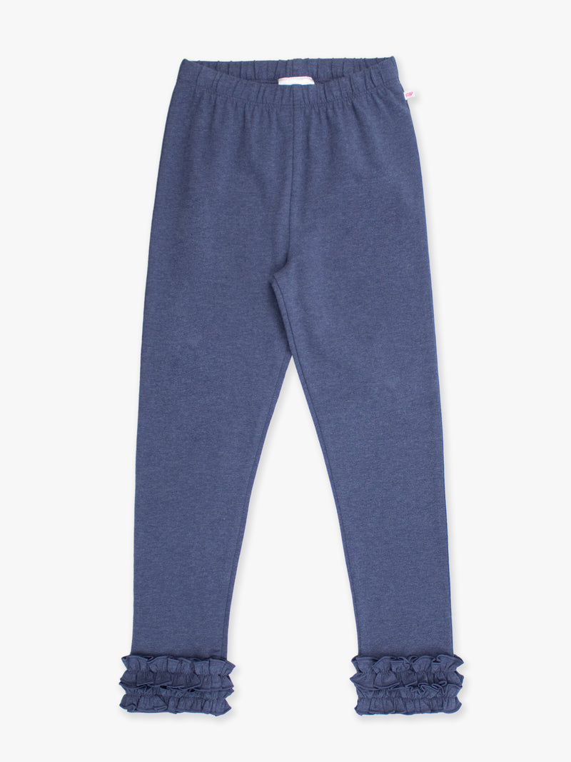 Blue children's leggings with ruffled cuffs on a white background