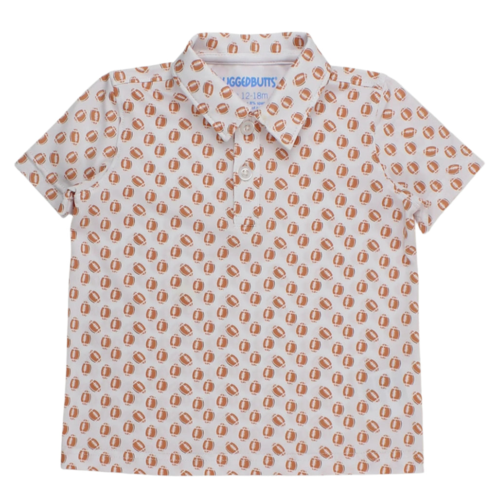 Short-sleeve polo shirt with a football pattern on a white background