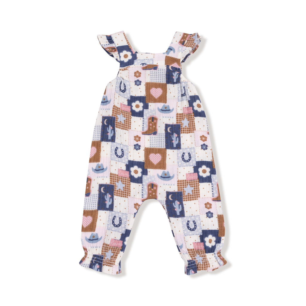 Patchwork Cowgirl - Smocked Overall & Pin Ribbed LS Bodysuit Set