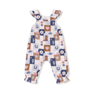 Patchwork Cowgirl - Smocked Overall & Pin Ribbed LS Bodysuit Set