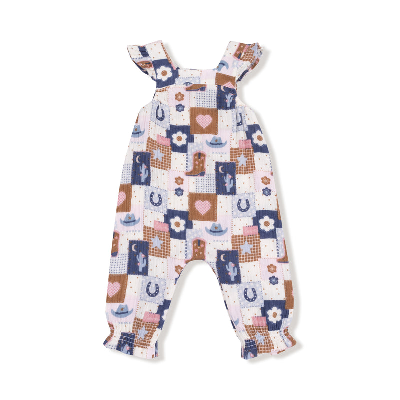 Patchwork Cowgirl - Smocked Overall & Pin Ribbed LS Bodysuit Set