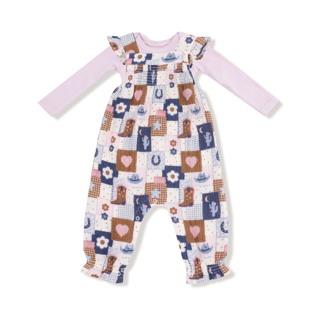 Patchwork Cowgirl - Smocked Overall & Pin Ribbed LS Bodysuit Set