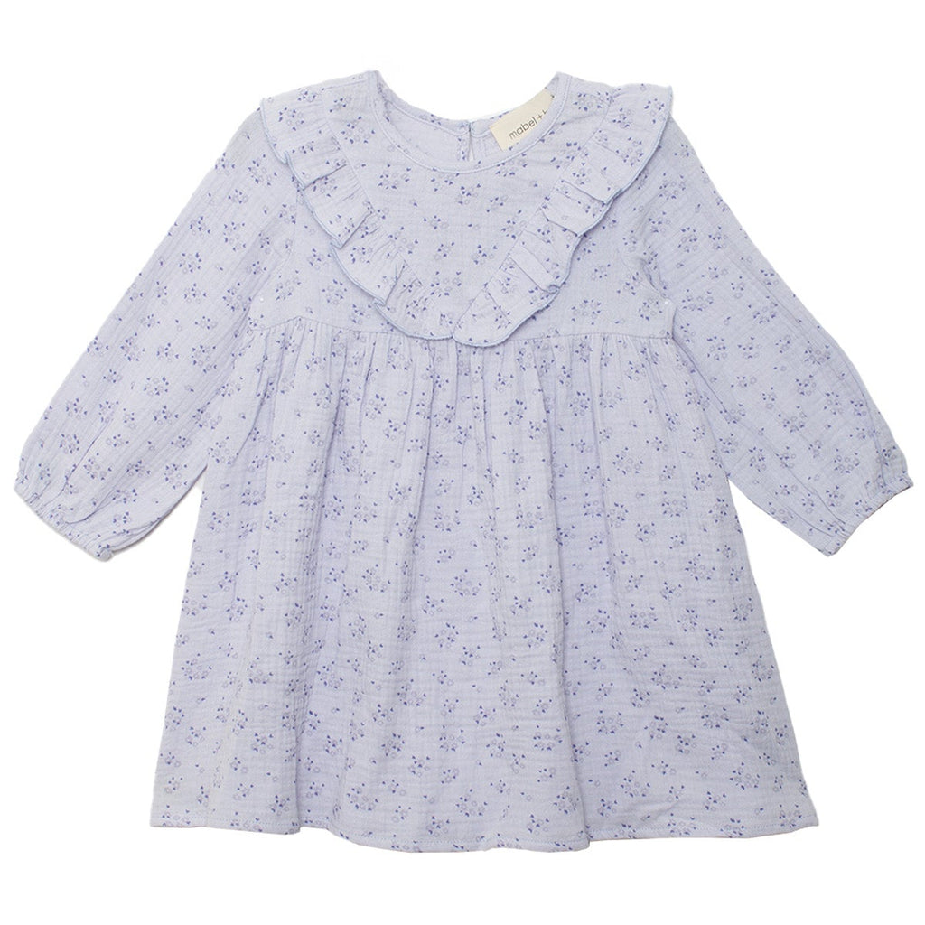 Lilac dress with floral pattern on a white background