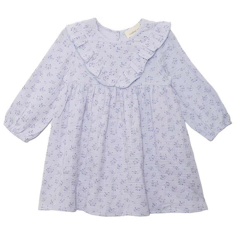 Lilac dress with floral pattern on a white background