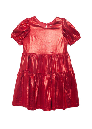 Red metallic dress with puff sleeves on a white background