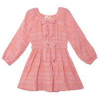 Pink dress with long sleeves and a bow detail on a white background