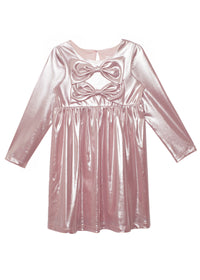 Pink metallic dress with a bow detail on a white background