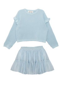 Light blue sweater top and tutu skirt set on a white background