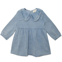 Blue denim dress with a collar on a white background