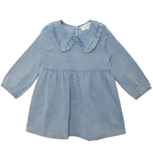 Blue denim dress with a collar on a white background