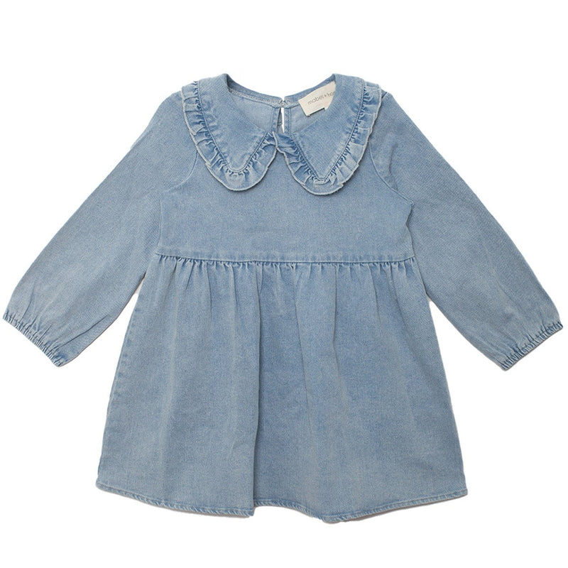 Blue denim dress with a collar on a white background
