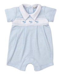 Blue Dogs Short Playsuit - Light Blue Stripe