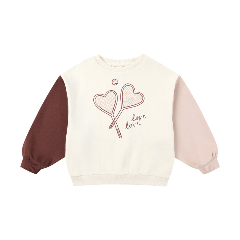 Sweatshirt with heart shaped tennis rackets design and 'love' text on a white background