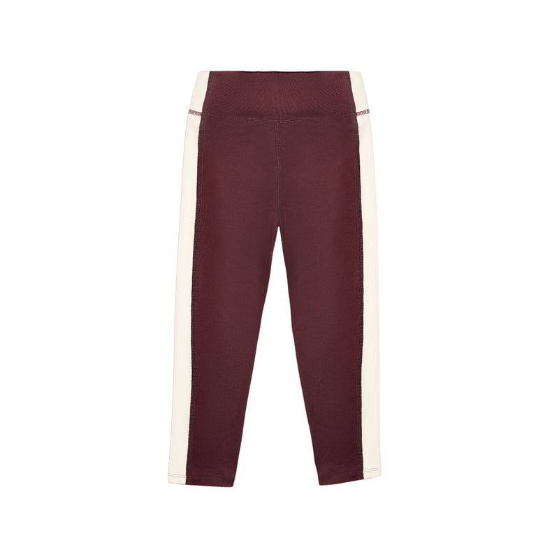 Maroon pants with white stripes on a white background