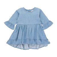 Light Wash Stretch Denim High Low Ruffle Tunic