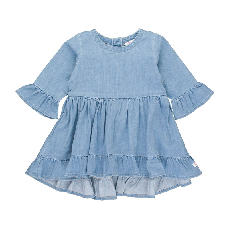 Light Wash Stretch Denim High Low Ruffle Tunic