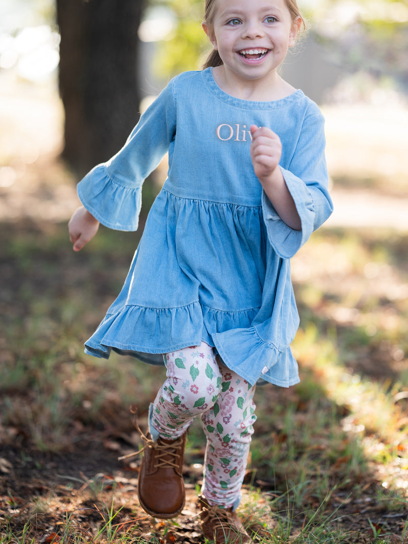 Light Wash Stretch Denim High Low Ruffle Tunic