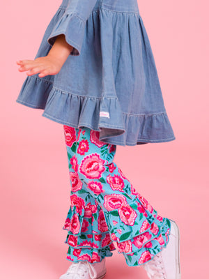 Light Wash Stretch Denim High Low Ruffle Tunic