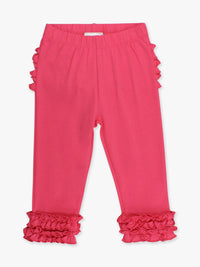 Pink pants with ruffled details on a white background