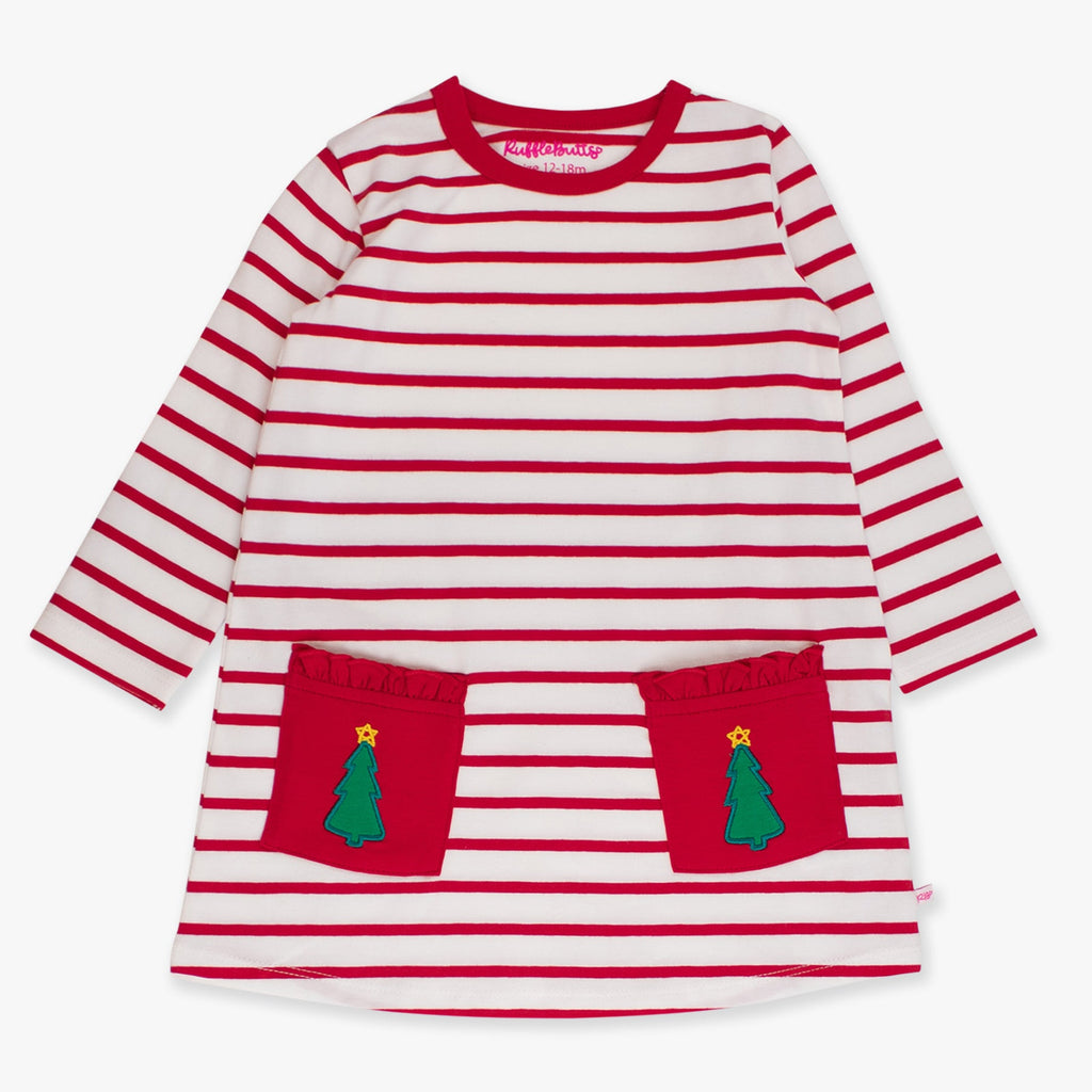 Red and white striped dress with green tree pockets on a white background