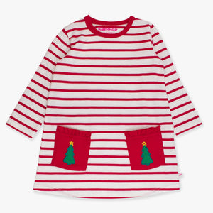 Red and white striped dress with green tree pockets on a white background