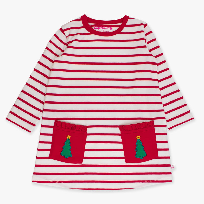 Red and white striped dress with green tree pockets on a white background