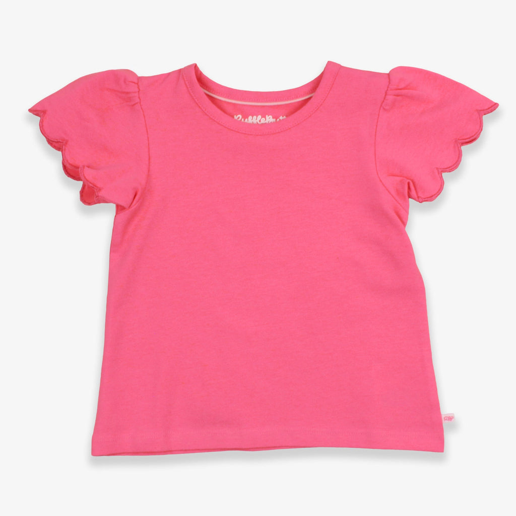 Pink t-shirt with scalloped sleeves on a white background