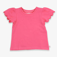 Pink t-shirt with scalloped sleeves on a white background