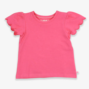 Pink t-shirt with scalloped sleeves on a white background