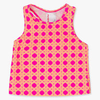 Pink and yellow patterned tank top on a white background
