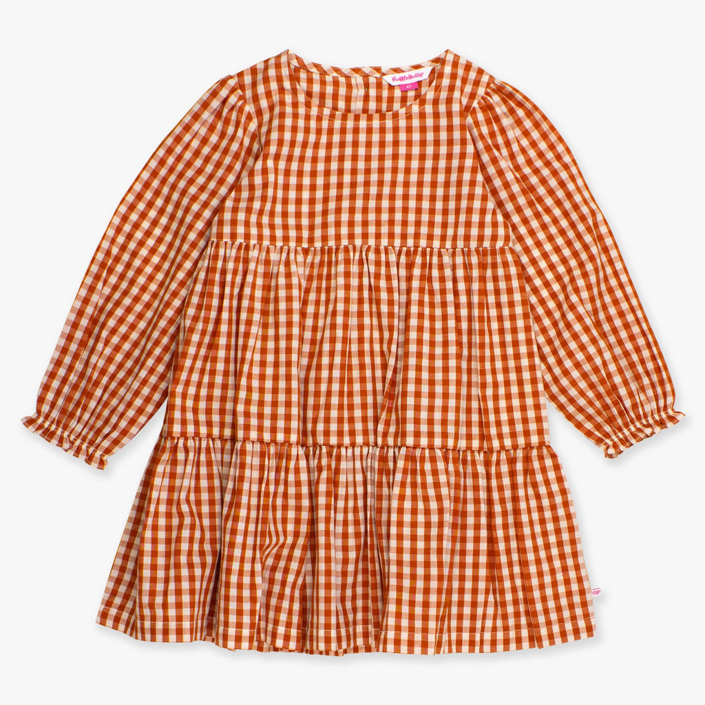 Orange and white gingham dress on a white background