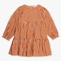 Orange and white gingham dress on a white background