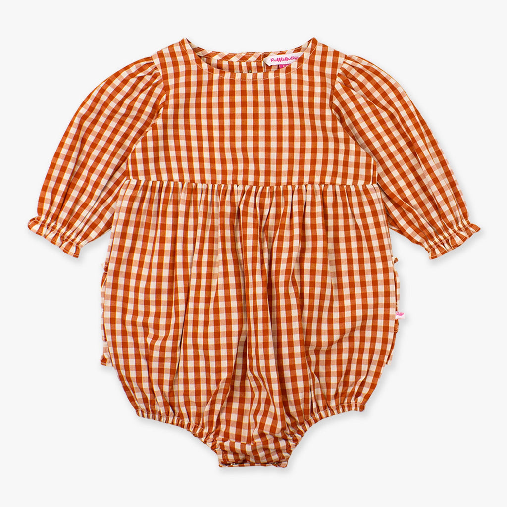 Orange and white gingham baby romper on a white background