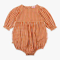 Orange and white gingham baby romper on a white background