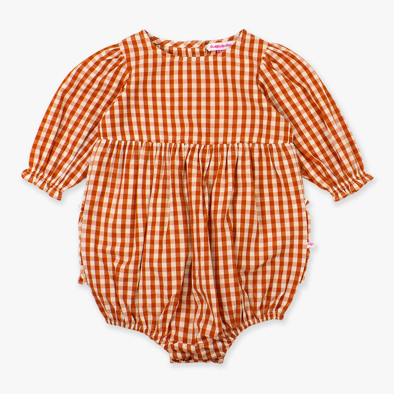 Orange and white gingham baby romper on a white background