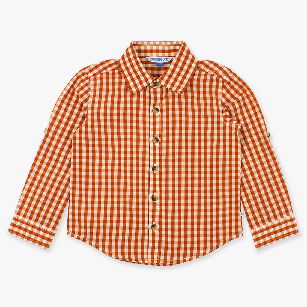Orange and white checkered shirt on a light gray background