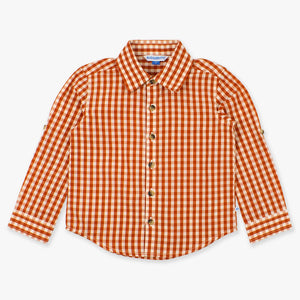 Orange and white checkered shirt on a light gray background