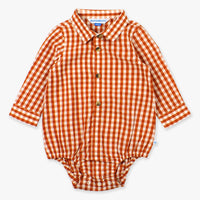 Long Sleeve Button Down Bodysuit - Rust Gingham