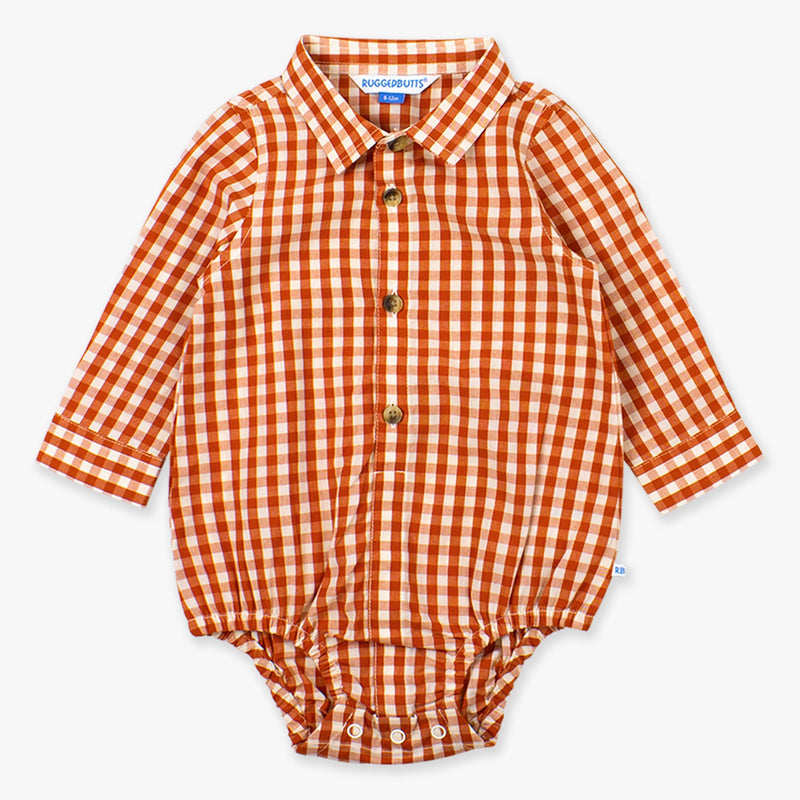 Long Sleeve Button Down Bodysuit - Rust Gingham