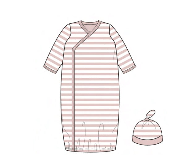 Pink Stripe Cotton Magnetic Gown & Hat Set