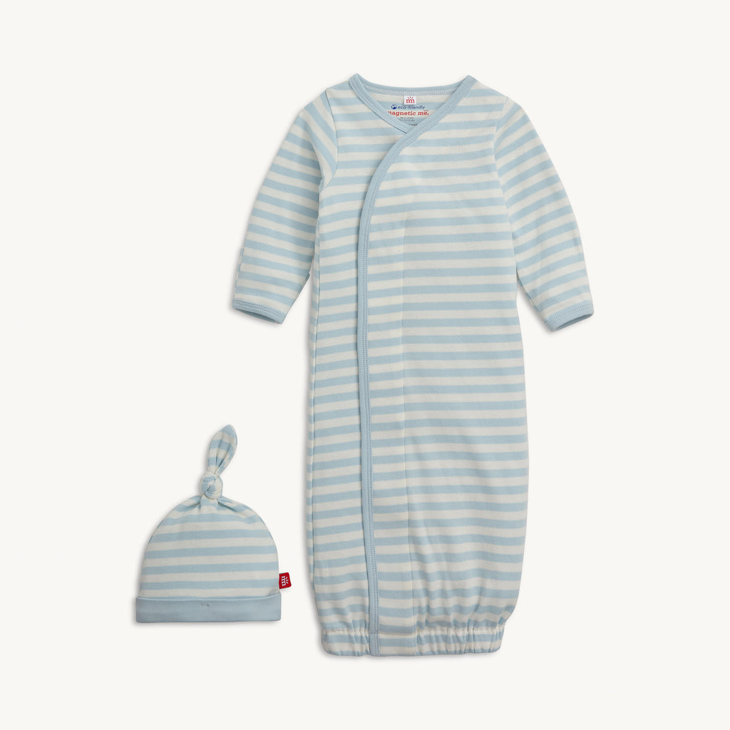 Blue Stripe Cotton Magnetic Gown & Hat Set
