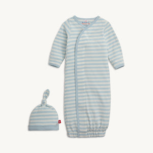Blue Stripe Cotton Magnetic Gown & Hat Set