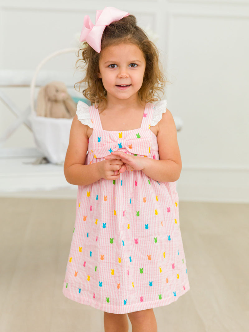 Pink Bunny Stripe - Cotton Gauze Flutter Bow Woven Dress